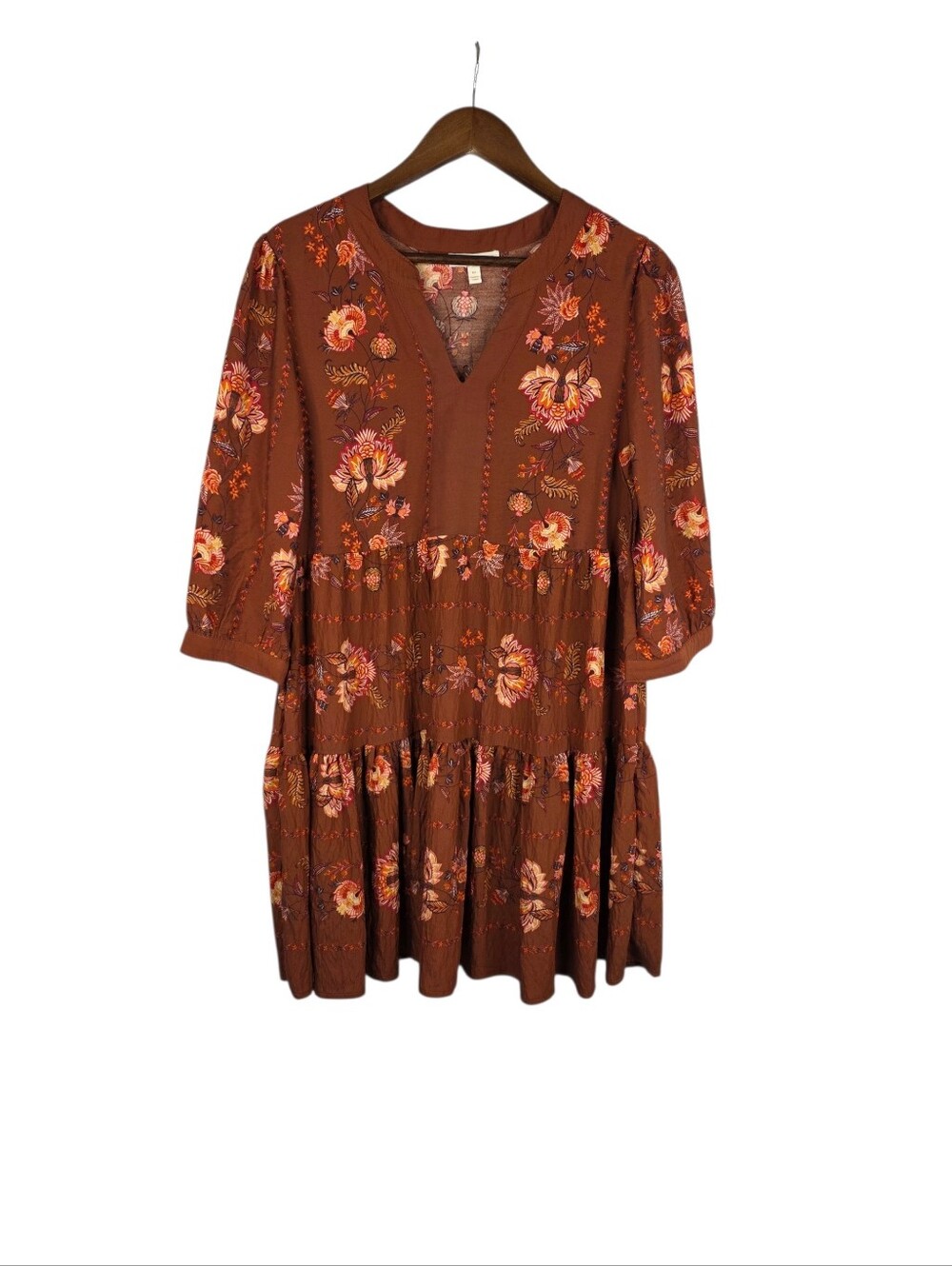Fig+Flower Boho Chic Tiered Dress Rust Brown‎ Floral Cottage Core 3/4 Sleeve Med